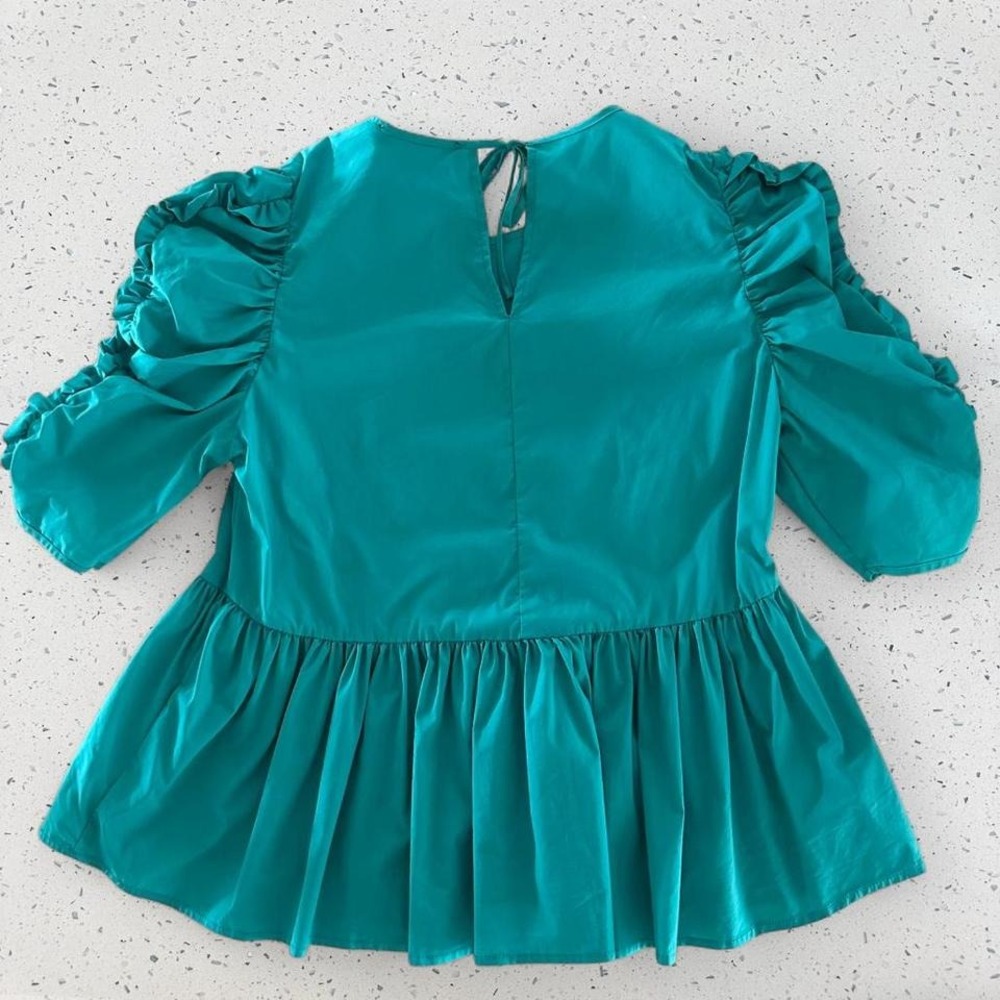 Marc New York Andrew Marc Teal Ruched Puff Sleeve Peplum Top Small Blouse - Picture 2 of 7